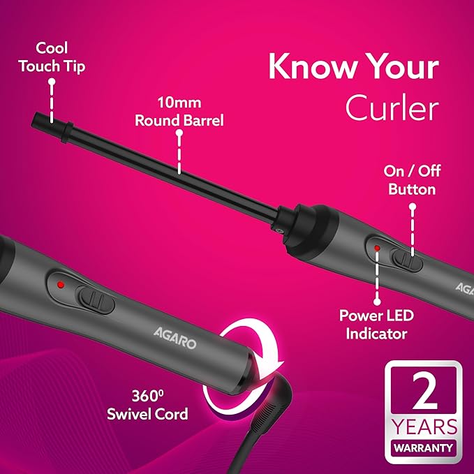 AGARO HC8001 Hair Curler With 10MM Barrel, Rod, Tong, Chopstick Hair Curler, Ceramic Coated Plates, Cool Touch Tip, Fast Heating, For Women, Maggie Curl, Hair Curling, Styling, Grey & Black
