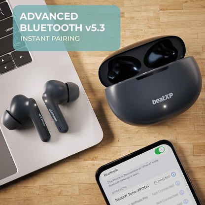 BeatXP Tune XPods Bluetooth TWS in Ear Earbuds with 50H Playtime, Quad Mic ENC Tech, Low Latency, Type C Earphone with 10mm Drivers, IPX5 Water Resistance, BT 5.3, Touch Control (Black)