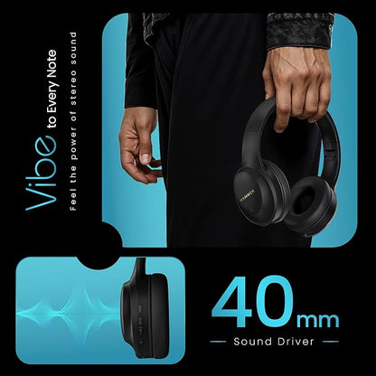 HAMMER Vibe ENC Bluetooth Headphone, 40mm Driver, Dual Pairing, 60hrs Playtime, Voice Assistant, BT V5.4, Game Mode, Soft Cushions, Lightweight Headphones for Music, Gaming and Calls (Black)