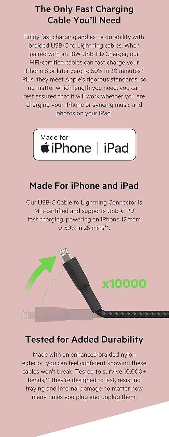 Belkin Certified PVC Lightning To USB-C To USB-C (Type C) Charge Cable, USB Cable, 3.3 Feet / 1M For Smartphone, White