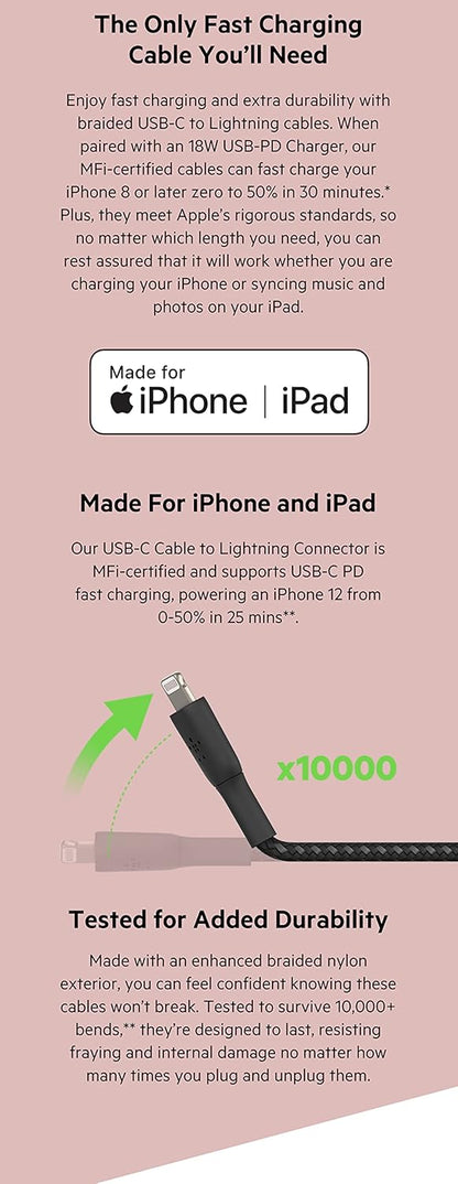 Belkin Certified PVC Lightning To USB-C To USB-C (Type C) Charge Cable, USB Cable, 3.3 Feet / 1M For Smartphone, White