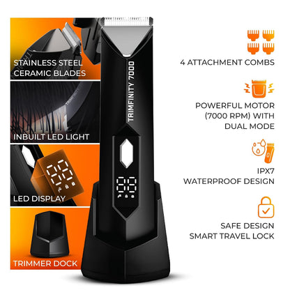 urbangabru Trimfinity 7000 Body Trimmer for Men- Safest Body & Private Part Trimmer - Pubic Hair Groomer, Underarm - Waterproof, Ceramic Blades, Rechargeable with Wireless Fast Charging,Black