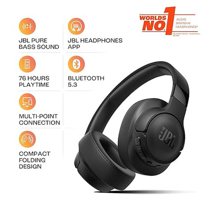 JBL Tune 720BT Wireless Over Ear Headphones with Mic, Pure Bass Sound, Upto 76 Hrs Playtime, Speedcharge, Dual Pairing, Customizable Bass with Headphones App, Lightweight, Bluetooth 5.3 (Black)