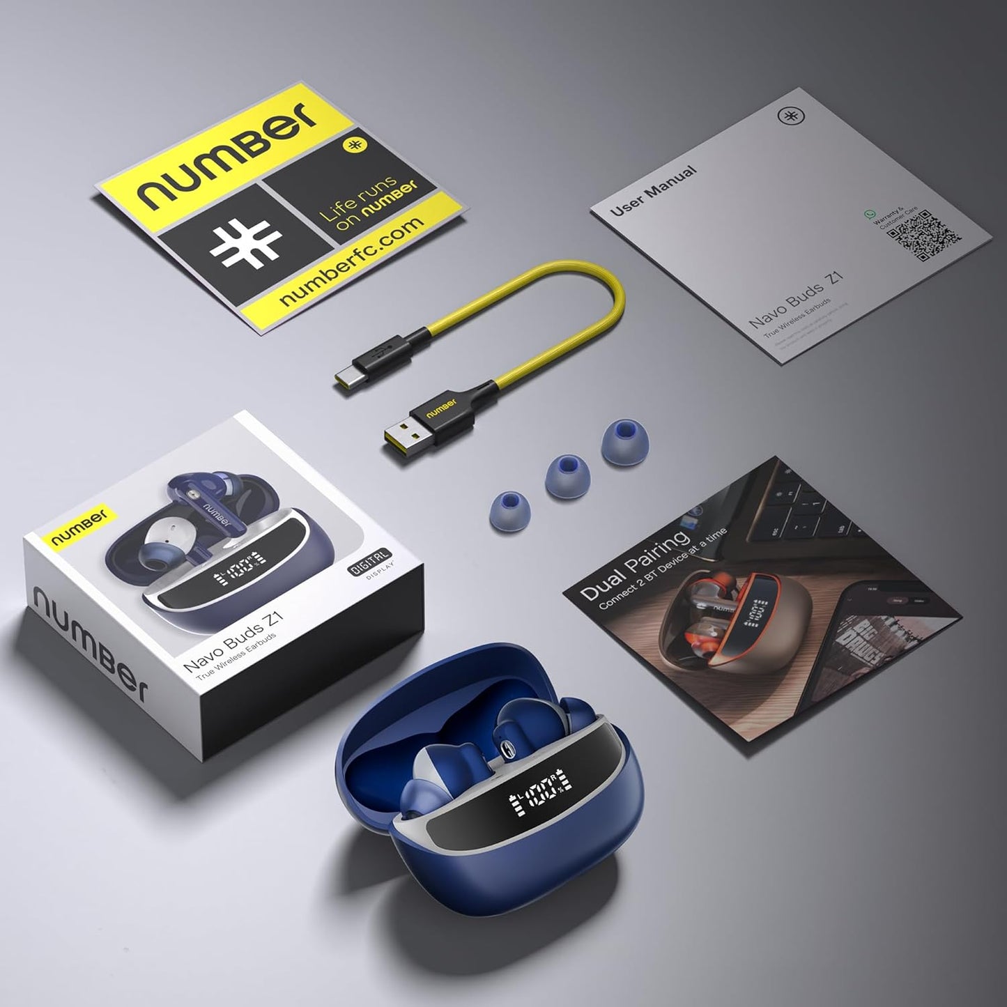 Number Navo Buds Z1 TWS Earbuds | 72H Playtime | Digital Display Case | Quad-Mic ENC | Dual Pairing | Hi-Bass 13mm Drivers | Quick Charge | 35ms Low Latency | IPX5 | Touch Controls | (Winter Blue)