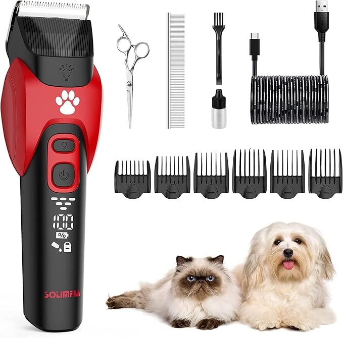 Solimpia Dog Cat Clippers - Electric Grooming Trimmer Kit Rechargeable Cordless Low Noise Professional Pet Hair Trimmer Set Unisex