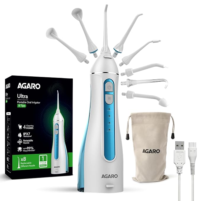 AGARO Ultra Plus Portable Dental Flosser: 8 nozzles, 4 modes, cordless, rechargeable, IPX7 waterproof, 200ml tank. Ideal for home/travel oral care.