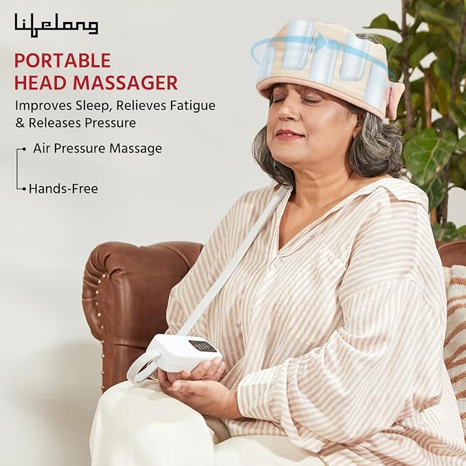 Lifelong Wireless Head Massager (LLM936) – Corded Electric Portable Device With Vibration, Kneading & Air Compression Modes, Adjustable Intensity – Ideal For Home, Office, Athletes & Elders, White