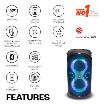 JBL Partybox 110, Wireless Bluetooth Party Speaker, 160W Monstrous Pro Sound, Dynamic Light Show, Upto 12Hrs Playtime, Built-in Powerbank, Guitar & Mic Input, PartyBox App, Splashproof (Black)