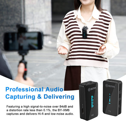 BOYA BY-XM6-S1 2.4GHz Dual Channel Ultra-Compact Wireless Microphone System with OLED Display Real-time Monitoring Rechargable for vlogging, Live Streaming, Interview for DSLR Camera Smartphone
