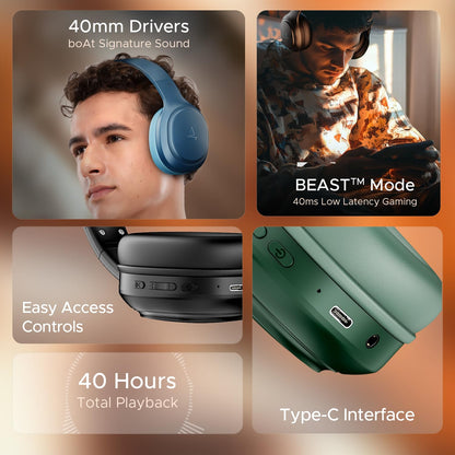 boAt Rockerz 430, 40mm Drivers, Beast Mode (40ms Latency), 40hrs Playback, ENx Tech, Voice Assistant, BTv5.4, Adaptive Fit & Easy Access Controls, Bluetooth Over Ear Headphones(Bold Blue)
