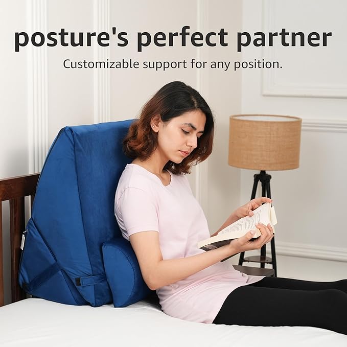 Amazon Basics Orthopedic Adjustable Wedge Pillow-Memory Foam with Head Rest-Back Support for Bed, Leg Elevation, Acid Reflux, GERD, Snoring |6 Months Warranty-Soft Washable Cover-Blue,22 x 22 x 12 in