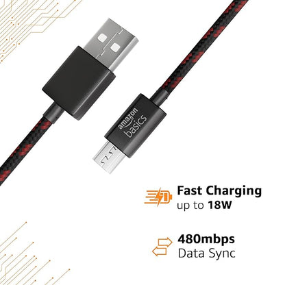 amazon basics Type A to Micro USB Braided Cable | 3A/18W Fast Charging and 480 Mbps Data Transfer Speed | 1.2m, Tangle Free Cable