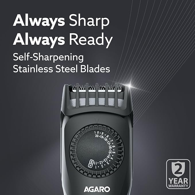 AGARO Beard Trimmer, Cordless Electric Beard Trimmer with Precision Dial, USB Rechargeable, 20 Length Settings Mustache Trimmer for Mens Gifts MT2525