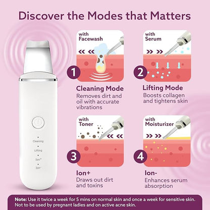 AGARO Ultrasonic Facial Skin Scrubber for Wet Skin, Blackheads Remover and Facial Pores Cleaner with 4 Modes, Stainless Steel Spatula Safe for Skin, 2 Silicone Covers Included, Rechargeable, White