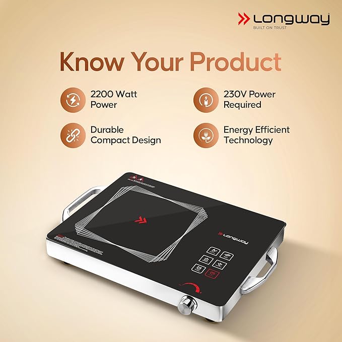 Longway Infralite Pro 2200W Infrared Induction Cooktop with Steel Grill Rack, Crystal Glass Top, Touch Panel & Digital Display, 4 Preset Modes – Stir Fry, BBQ, Hot Pot & Steam, Black