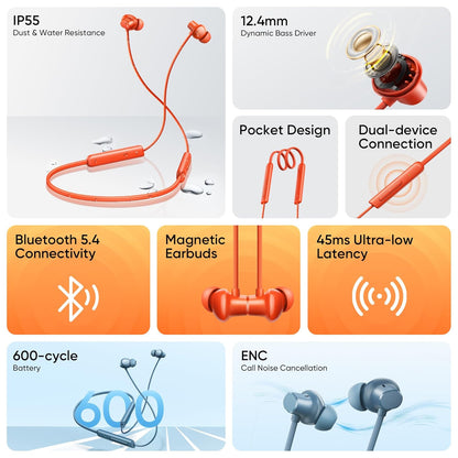 Realme Buds Wireless 5 Lite in Ear Bluetooth Neckband with 12.4 mm Dynamic Bass Boost Driver,Upto 35 Hours Playback,45ms Low Latency,IP55 Dust & Water Resistant, Bluetooth V5.4 (Void Black)