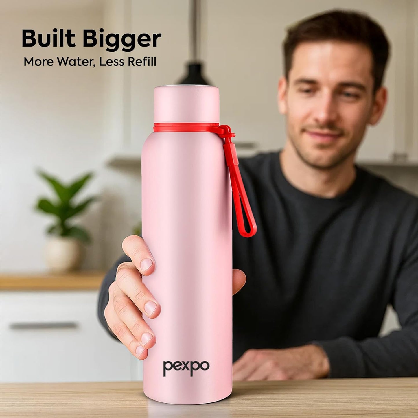 PEXPO Water Bottle 1 LTR Stainless Steel | Hot and Cold Flask | ISI Certified Steel Bottle | Three Layer Insulation | Leakproof | for Home, Office | 1-Year Warranty |Bravo 1000| Baby Pink
