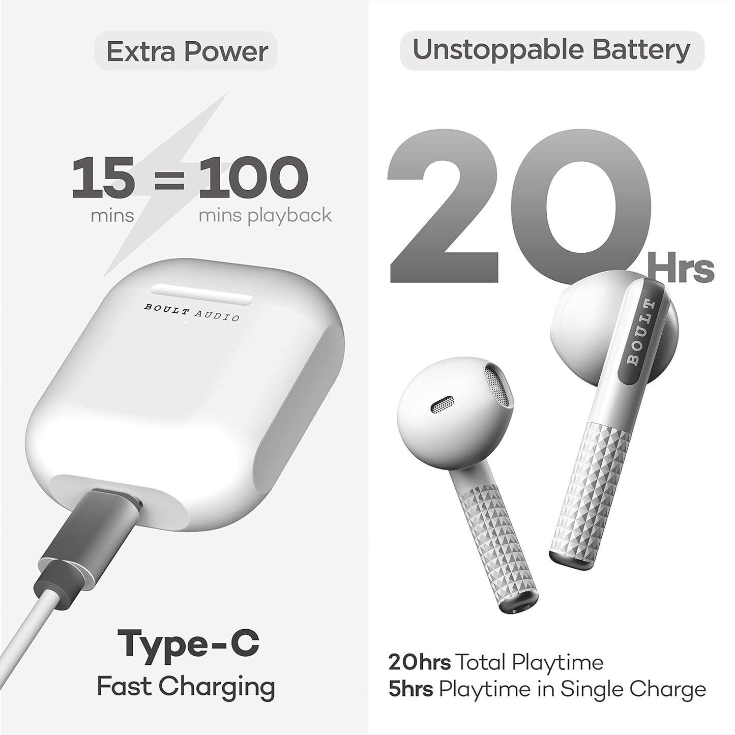 Boult Audio Newly Launched Airbass Powerpods Tws Featherweight Bluetooth Truly Wireless In Ear Earbuds With Mic, 20H Playtime With Zen Technology Enc, Fast Charging Type-C Ipx5 Water Resistant