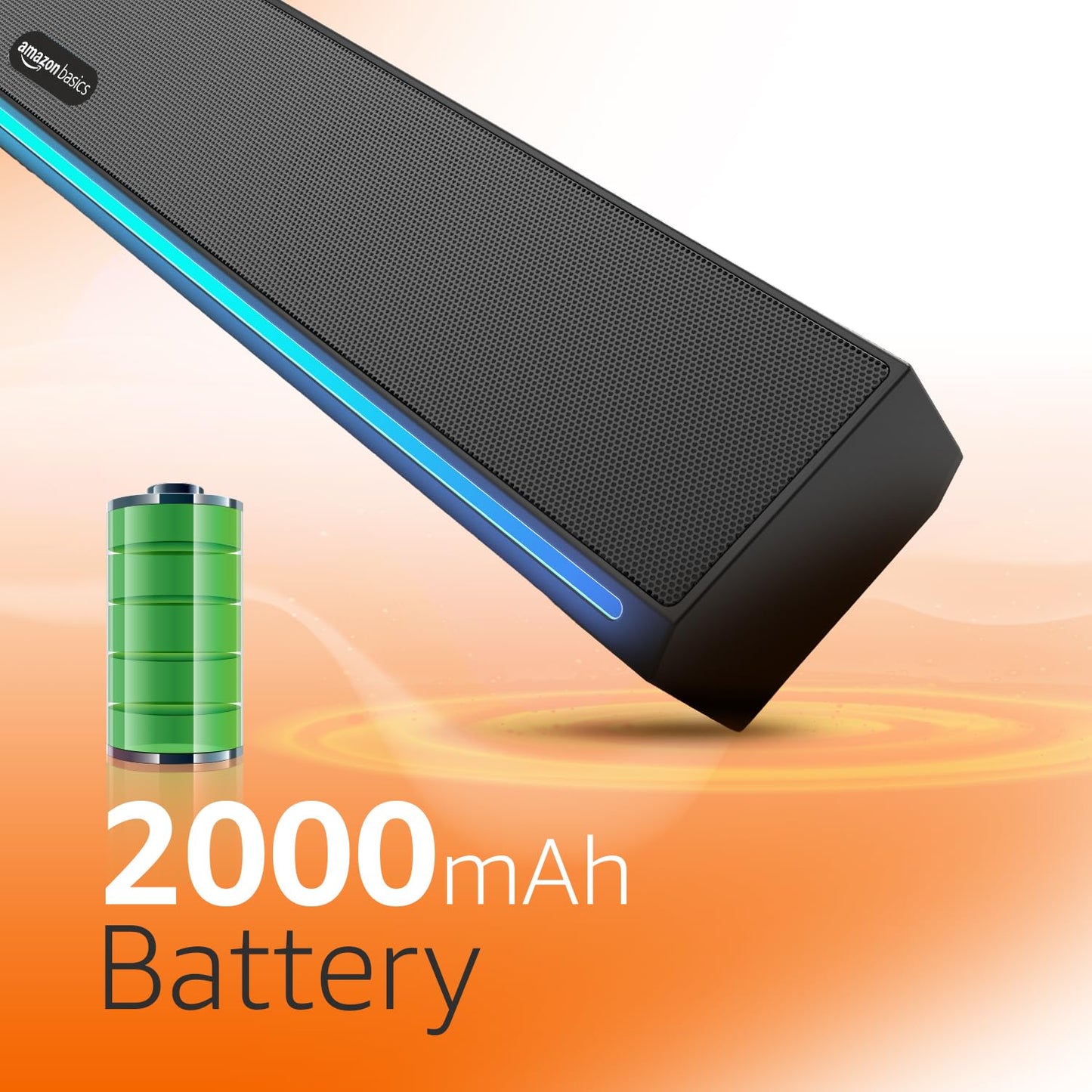 Amazon Basics X20G 16W Bluetooth Soundbar with 2000mAh Battery | 2X Bass | Up to 7 hrs of Playback | RGB Lights | Bluetooth 5.3, Aux & USB Connectivity (Black)