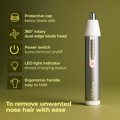 Lifelong Nose Hair Trimmer For Men | Professional Painless Battery-Operated Nose Hair Trimmer Men | Facial Hair Trimmer For Men Women, Easy To Clean | 40 Minutes Runtime | Stainless Steel (LLPCM03, Silver)