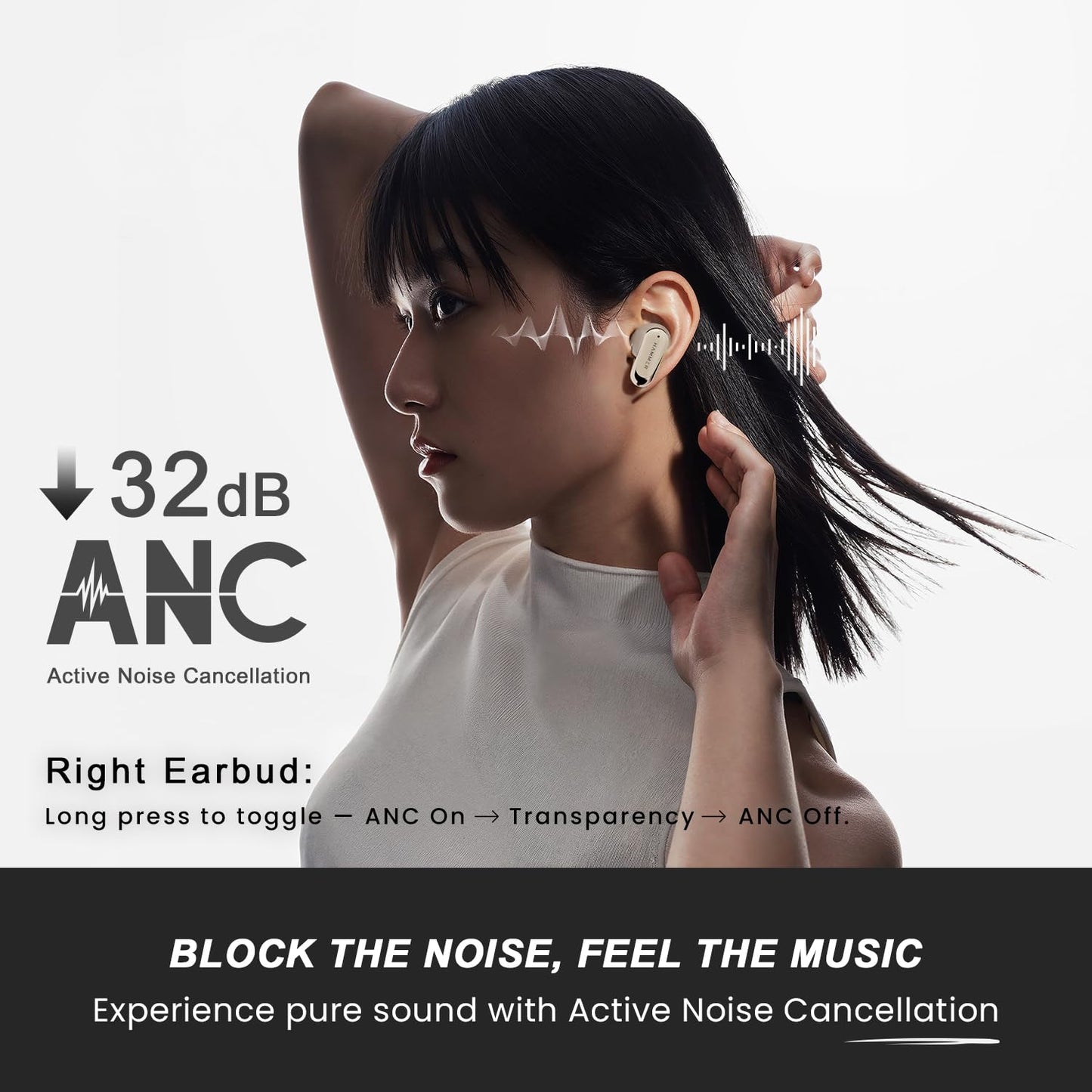 HAMMER Aura 32dB ANC, 4-Mic ENC Wireless Earbuds for Calling,50H Battery, Transparency & ANC Modes, 13mm Titanium Driver, BT v6, 35ms Low Latency Gaming Mode, Semi-Transparent Chrome, IPX4 (Beige)