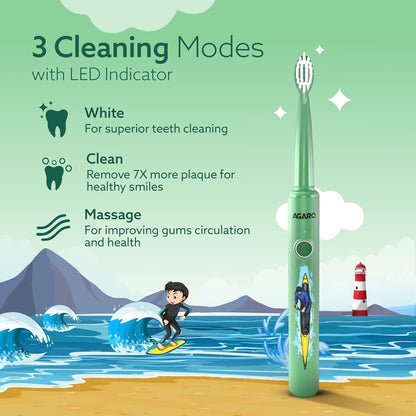 AGARO REX Lite Sonic Electric Kids Toothbrush with 3 Brushing Modes, 19000 Strokes per minute, Dupont Soft Nylon Bristles, Rechargeable Battery, Power Tooth Brush, Repleacble Heads