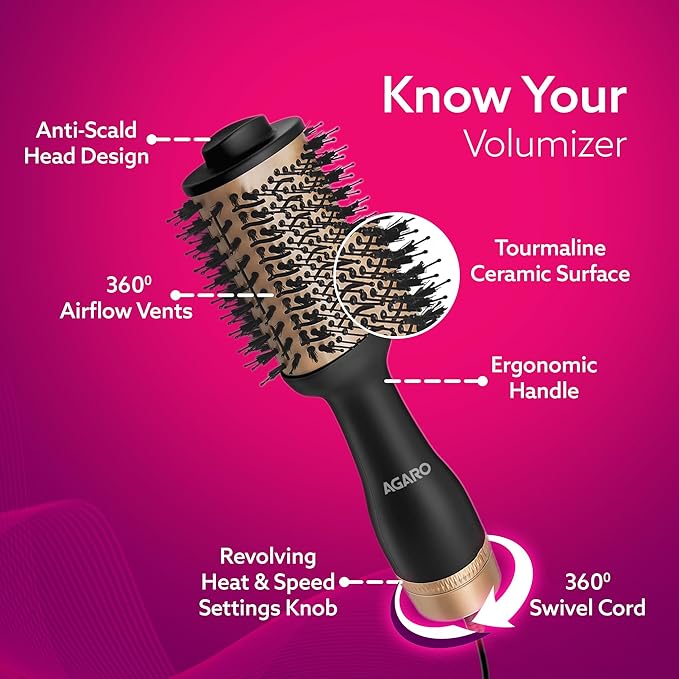 AGARO HV2179 Hot Air Brush for Hair, Blow Dryer Brush, Volumizer & Styler, 360° Airflow Vent, Oval Barrel for Hair Volume, Charcoal Bristles, Ceramic Coating Brushing Head, 1200W, Gold & Black