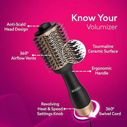 AGARO HV2179 Hot Air Brush for Hair, Blow Dryer Brush, Volumizer & Styler, 360° Airflow Vent, Oval Barrel for Hair Volume, Charcoal Bristles, Ceramic Coating Brushing Head, 1200W, Gold & Black
