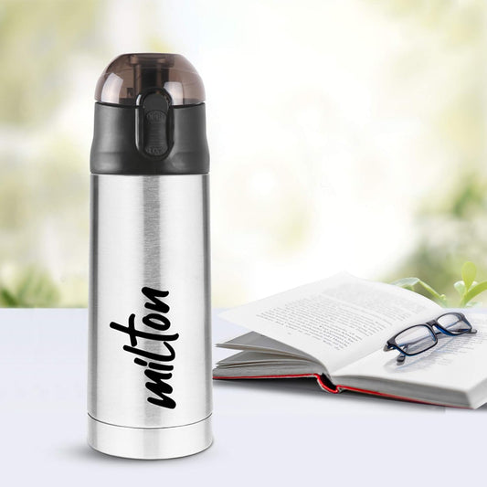 Milton New Crown 400 Thermosteel Water Bottle 350 ml with One Touch Safety Lock, 24 Hours Hot and Cold, Leak Proof Lid, ISI Certified I Vacuum Insulated I for Office, Gym, School I Silver