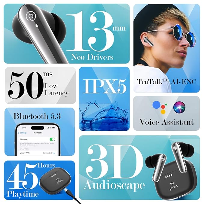 pTron Newly Launched Bassbuds Prism TWS Earbuds with 3D AudioScape, 45Hrs Playtime, TruTalk AI-ENC Calls, 50ms Low Latency Sync, BT5.3, Type-C Fast Charging, Voice Asst. & IPX5 Water Resistant (Black)