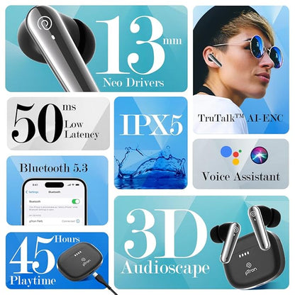 pTron Newly Launched Bassbuds Prism TWS Earbuds with 3D AudioScape, 45Hrs Playtime, TruTalk AI-ENC Calls, 50ms Low Latency Sync, BT5.3, Type-C Fast Charging, Voice Asst. & IPX5 Water Resistant (Black)