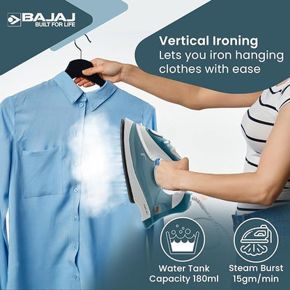 Bajaj Plastic Mx 3 Neo Steam Iron| 1250 Watts Power For Faster Ironing| Vertical & Horizontal Ironing| Spray Function| Anti-Bacterial & Non-Stick Soleplate Coating| 2-Yr Warranty By Bajaj| Blue