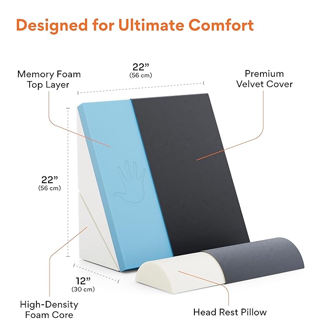 FOVERA Wedge Pillow for Back Support, Adjustable Memory Foam Bed Wedge Pillow for Sleeping, Acid Reflux, GERD, Snoring, Pregnancy, Post-Surgical Recovery (Velvet Dark Grey, Standard - 22x22x12 Inch)
