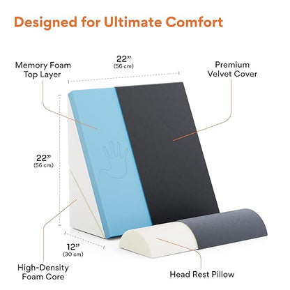 FOVERA Wedge Pillow for Back Support, Adjustable Memory Foam Bed Wedge Pillow for Sleeping, Acid Reflux, GERD, Snoring, Pregnancy, Post-Surgical Recovery (Velvet Dark Grey, Standard - 22x22x12 Inch)