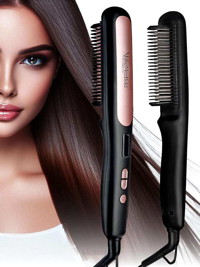 MakeMeeBold Hair Straightener Brush | Frizz Free Hair | Electric Hair Straightner Comb | Gifts for woman | With Ceramic Coated Plates, 5 Temperature Controls, Black