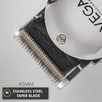 VEGA PROFESSIONAL Pro Power Hair Clipper Professional Hair Clipper for Salon and Home Use with Japanese Stainless-Steel Taper Blades, 6000 RPM, Attachment Guide Combs (VPMHC-02)