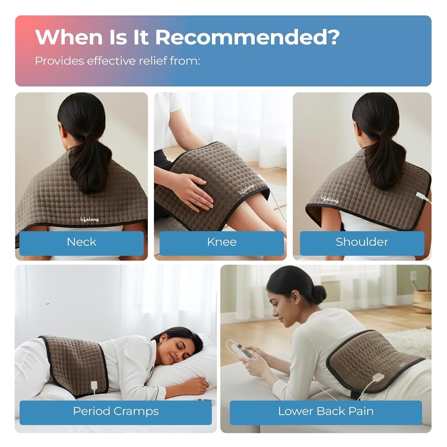 Lifelong Electric Heating Belt for Pain Relief | Heating Pad for Back, Shoulder, Knee, and Period Cramps | 3 Heat Settings with Auto Shut Off | 4-Layer Insulation for Safe & Comfortable Use (LLHB120)