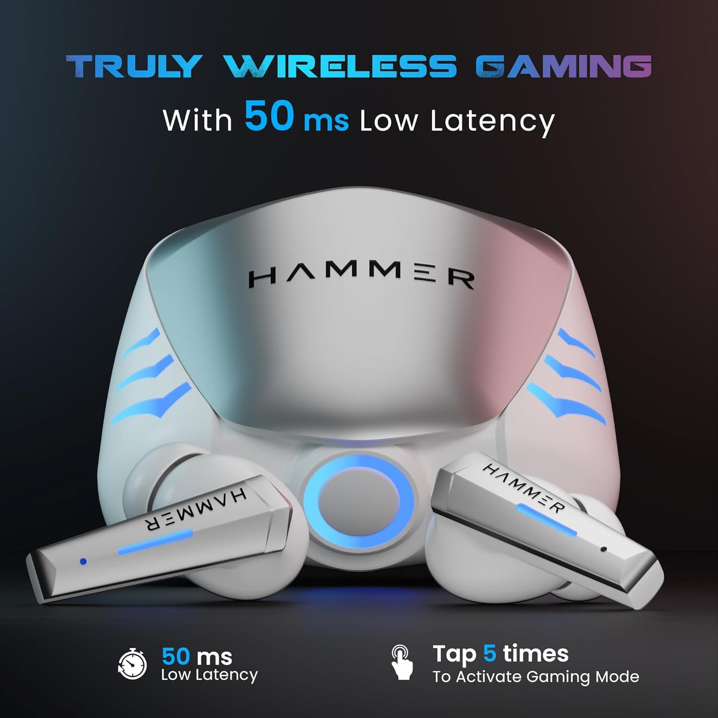 HAMMER Arcade True Wirelss Gaming Earbuds with RGB Lights, 50ms Low Latency, Type-C Charging, IPX5, Deep Bass, 20H Playtime, Bluetooth v5.3, Made in India (White)
