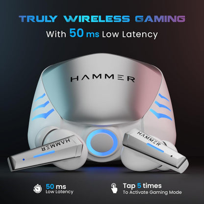 HAMMER Arcade True Wirelss Gaming Earbuds with RGB Lights, 50ms Low Latency, Type-C Charging, IPX5, Deep Bass, 20H Playtime, Bluetooth v5.3, Made in India (White)