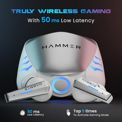 HAMMER Arcade True Wirelss Gaming Earbuds with RGB Lights, 50ms Low Latency, Type-C Charging, IPX5, Deep Bass, 20H Playtime, Bluetooth v5.3, Made in India (White)