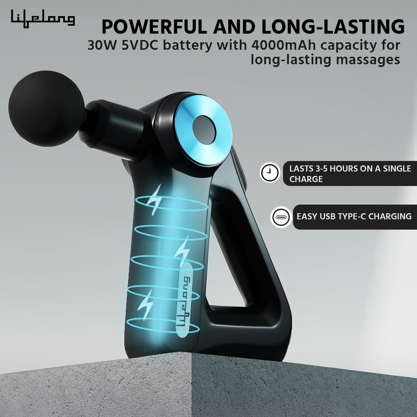 Lifelong LLGM180 Gun Massager for Pain Relief with 9 Massage Heads Massage Gun Machine for Full Body - Gun Massager Rechargeable with 9 Speed Levels & Easy-Grip Handle for Muscle Massage of Back, Neck, Shoulder, Hand, Foot & Leg