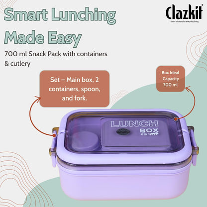 Clazkit Snack Pack Lunch Box for Kids, Adults |Tiffin Box with 2 Small Conatiner, Spoon and Fork | Leakproof 100% Food Grade | Pink |700ml