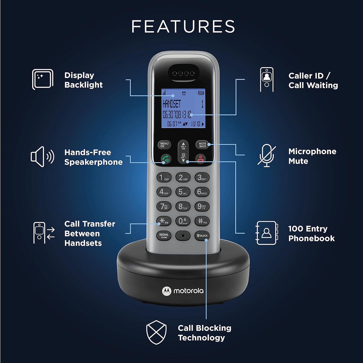 MOTOROLA T603 Cordless Phone System w/3 Digital Handsets, Speakerphone, and Call Block Cordless Landline Phone (Dark Grey)