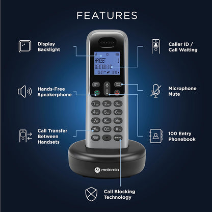 MOTOROLA T603 Cordless Phone System w/3 Digital Handsets, Speakerphone, and Call Block Cordless Landline Phone (Dark Grey)