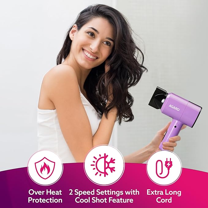 AGARO HD-1211 Hair Dryer 1100 Watts, 2 Heat Speed and Cool Mode, Foldable (Compact in Size) Purple