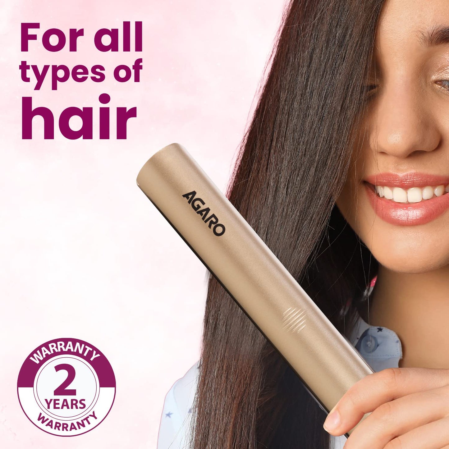 AGARO Hair Straightener, Ceramic Coated Floating Plates, Adjustable Temperature, PTC Heating, Fast Heating Hair Iron, Hair Straightening, Hair Styling For Women, HS1937 Golden