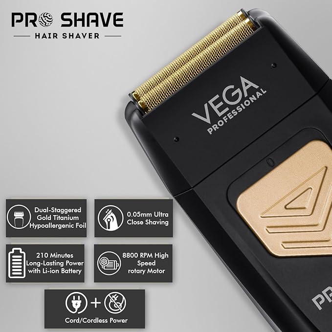 VEGA PROFESSIONAL Pro Shave Hair Shaver for Salon Professionals, Barbers and Salon-Like Shave at Home With Gold Titanium Foil & 210 Mins Runtime, (VPPFS-01)