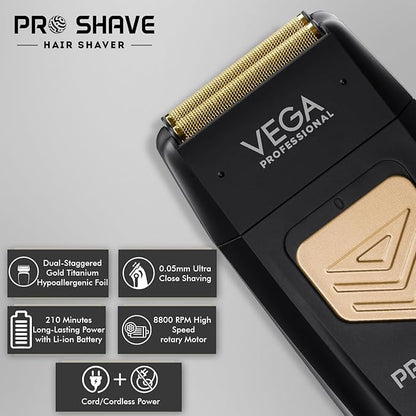 VEGA PROFESSIONAL Pro Shave Hair Shaver for Salon Professionals, Barbers and Salon-Like Shave at Home With Gold Titanium Foil & 210 Mins Runtime, (VPPFS-01)