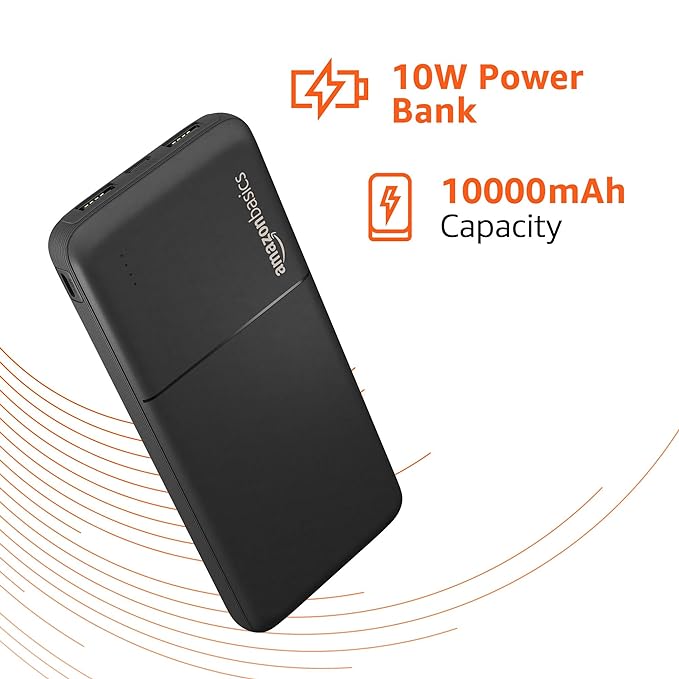 Amazon Basics 10000mAh 10W Power Bank with Cable | Dual USB-A Outputs | Dual Input Ports | Lithium Polymer Power Bank | Plastic Casing, Lightweight (Black)