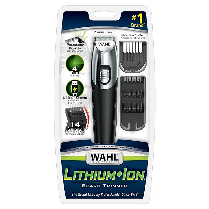 WAHL Lithium Ion Beard Cordless USB Rechargeable Trimmer for Men with Self-Sharpening Precision Blades, 14 Cutting Lengths, 2 Years Warranty, Highest 240 Mins Runtime on Single Charge; 3024199